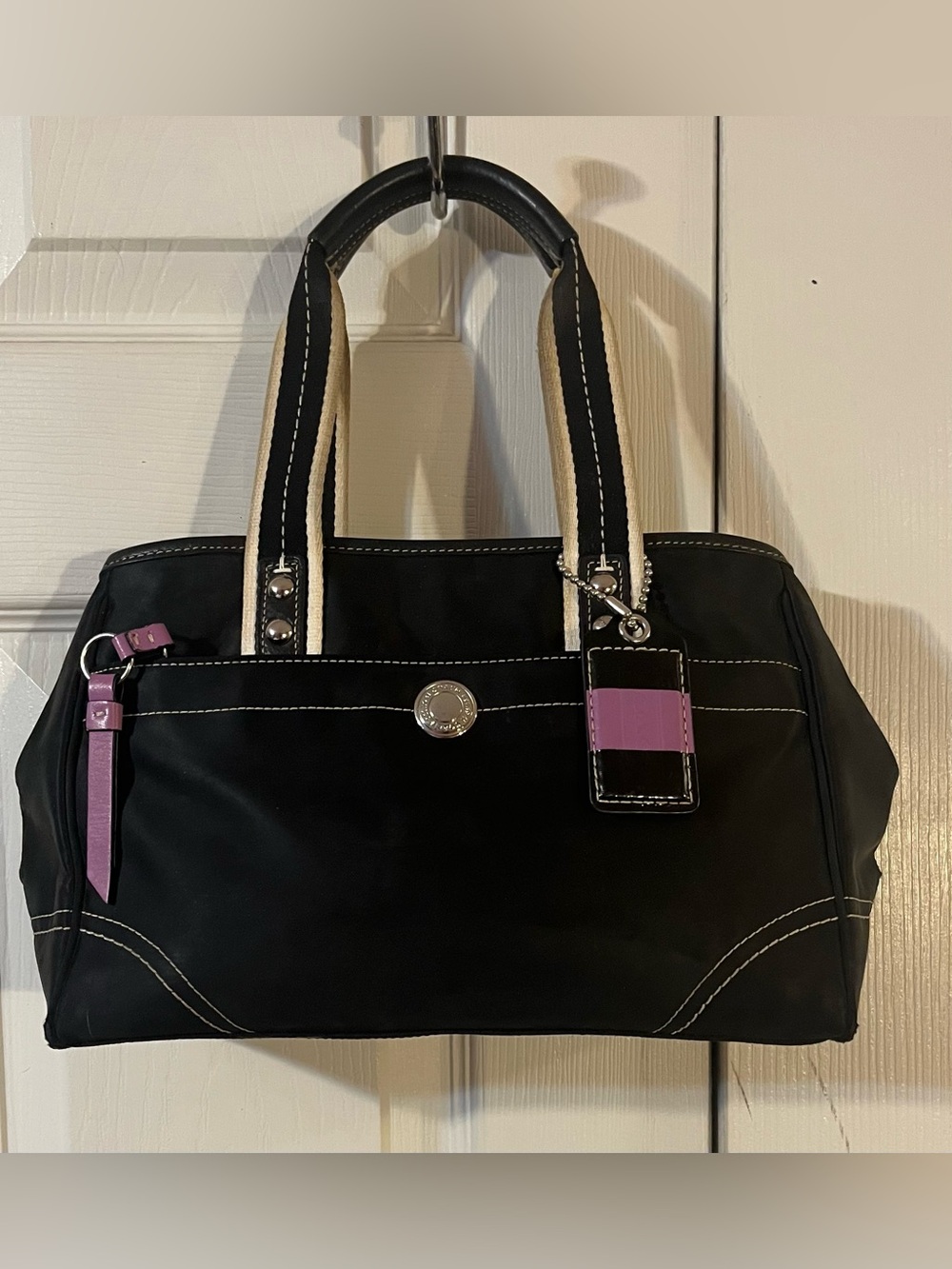 Coach Hampton Tote Bag Black Nylon Leather Trim Lavender Accents & Hangtag